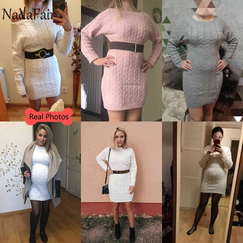 Nadafair Knitted Warm Sweater Dress Women Vestidos Pink Black Bodycon Mini Long Sleeve White Autumn Winter Dress Woman X0521