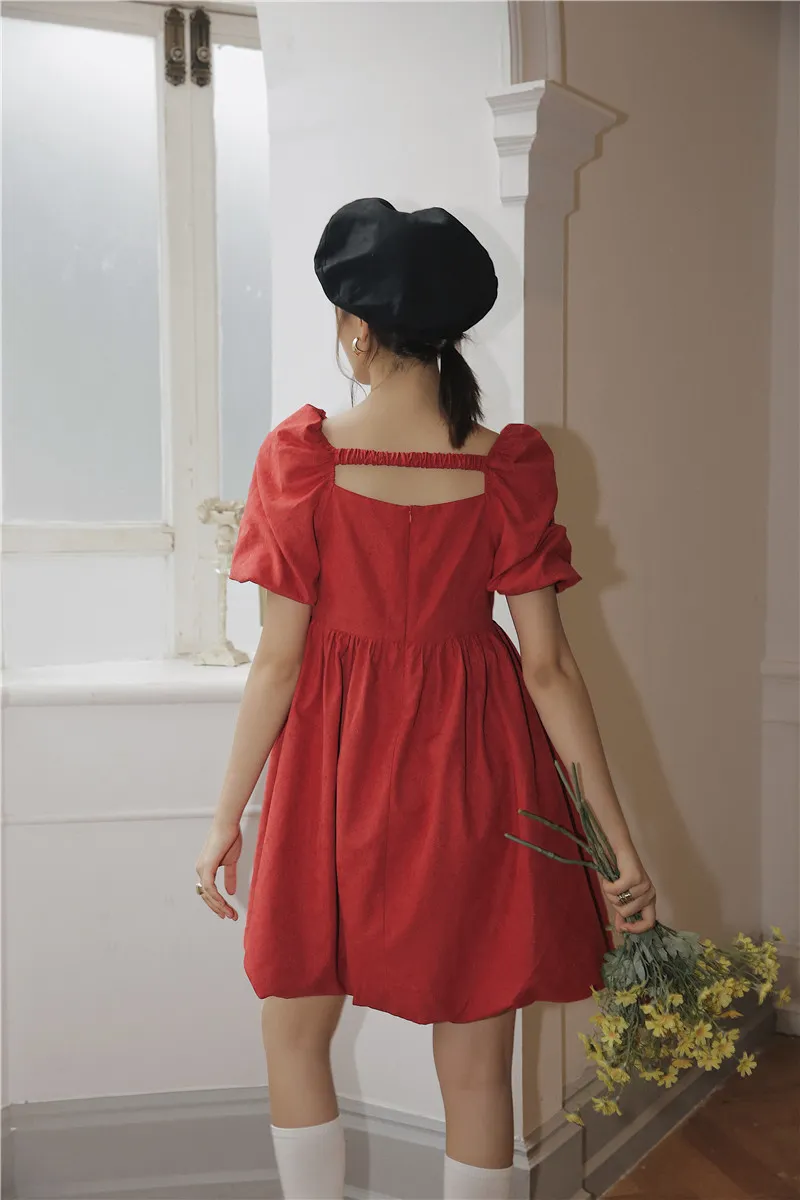 Robe d'été à manches bouffantes rouges et col carré, ligne A, ample, courte, mini femme, style coréen 210427