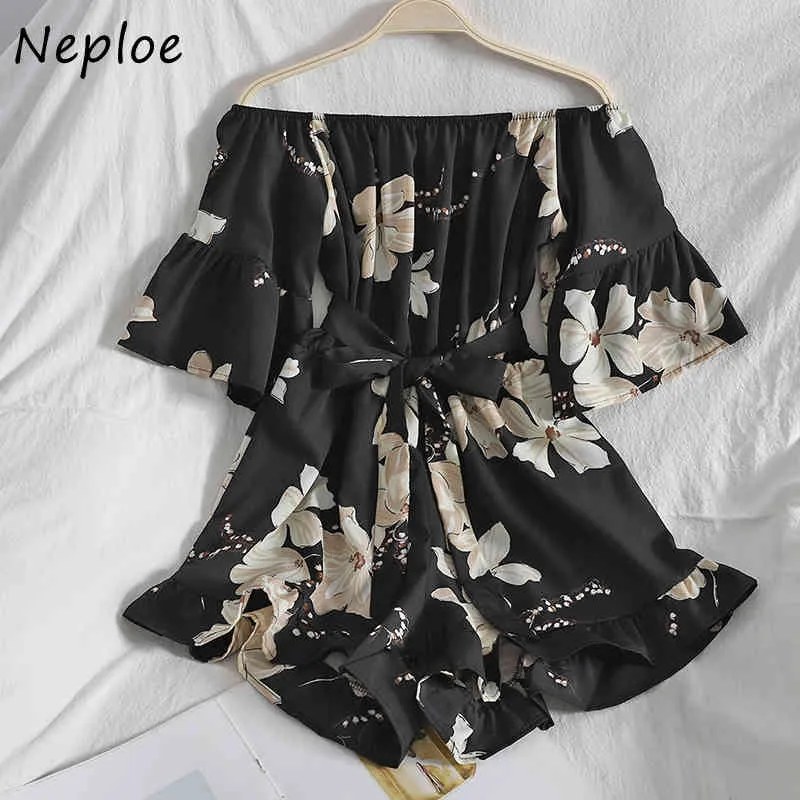 NEPLOE SEXY SLASH Hals Schouder Strapless Jumpsuits Dames Hoge Taille Hip Sjerpen Losse Speels Pullover Korte Mouw Bodysuits 210423