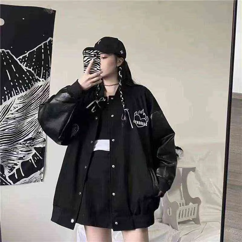Veste de style coréen Harajuku pour femmes, vêtements pour jeunes, veste surdimensionnée en cuir, veste noire pure pour femmes 211109