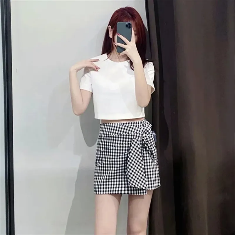 Kadın Skort Siyah Beyaz Ekose Yüksek Bel Kısa Etek Kadın Moda Gingham Ön Düğüm Rahat Yaz Şort 210519