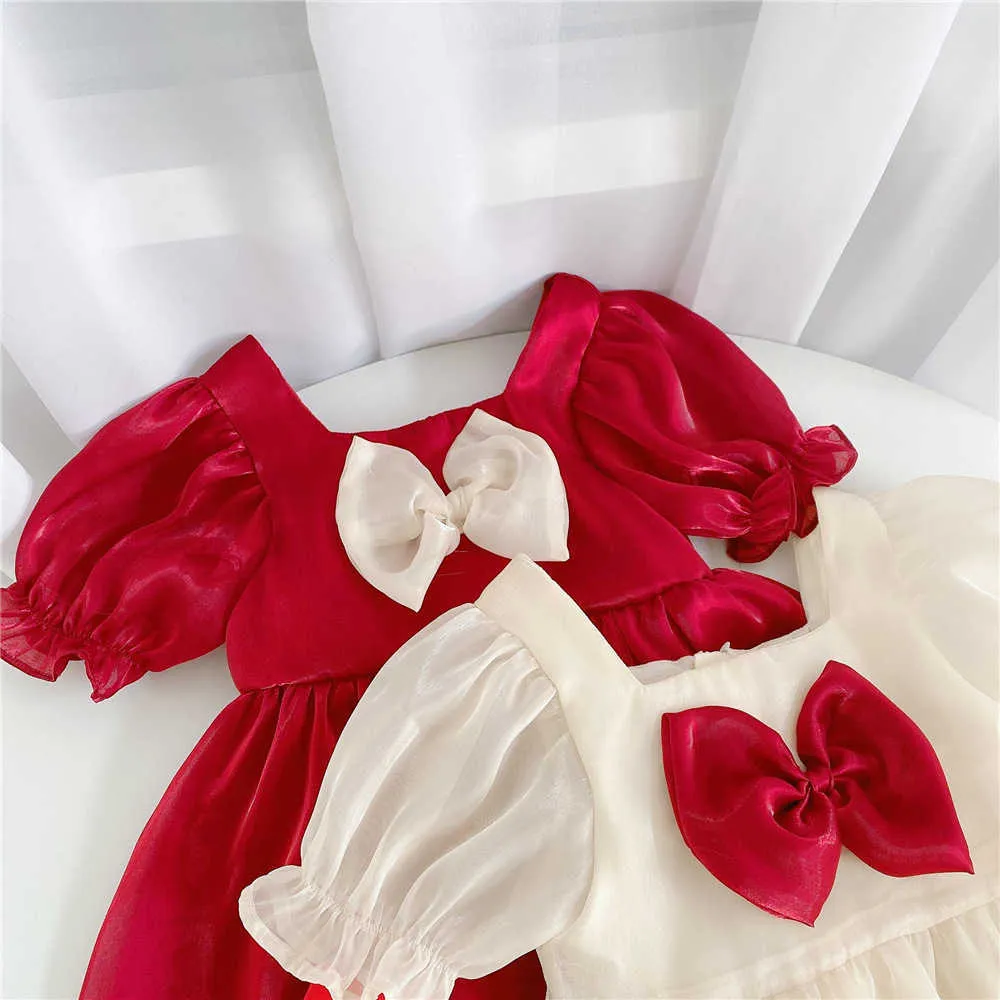 Lolita Girls Rękaw Sukienka Dla Dzieci Białe Czerwone Łuki Księżniczka Toddler Kostium Urodziny Odzież 210529