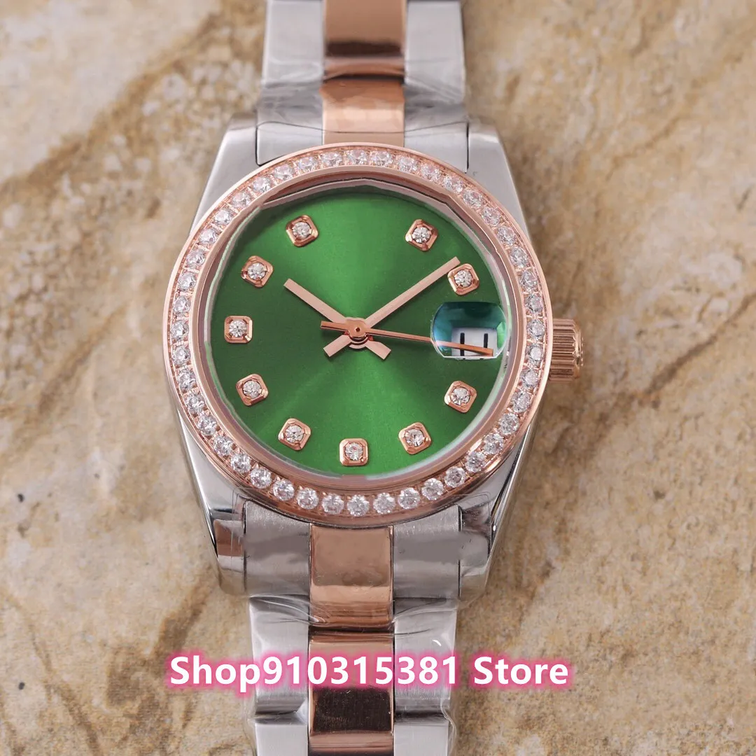 Beroemde vrouwen automatische mechanische diamant horloge saffier roestvrij staal geometrische datumhorloges rose gouden groene wijzerplaat 31mm