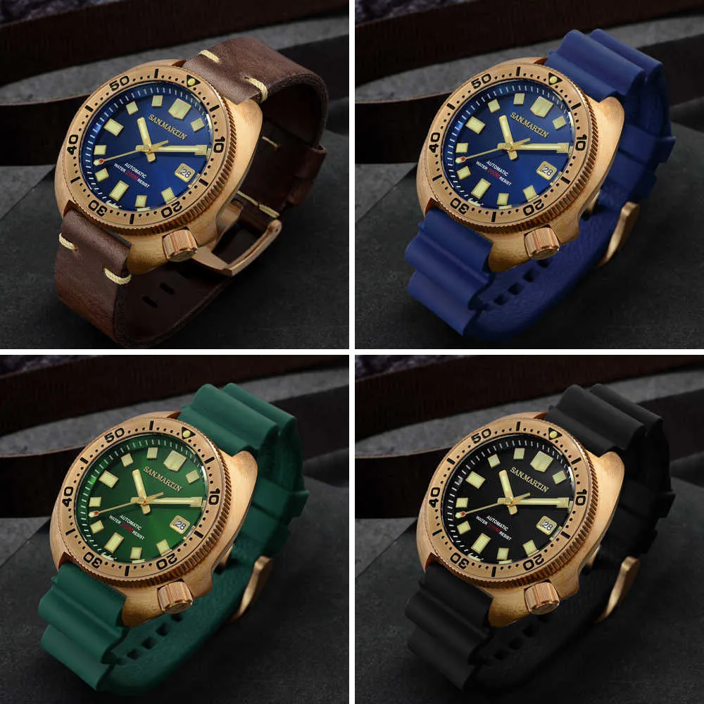 San Martin Abalone Bronz Dalgıç Saatler Erkekler Mekanik Saat Aydınlık Suya Dayanıklı 200m Deri Kayış Şık Relojes 2107282789