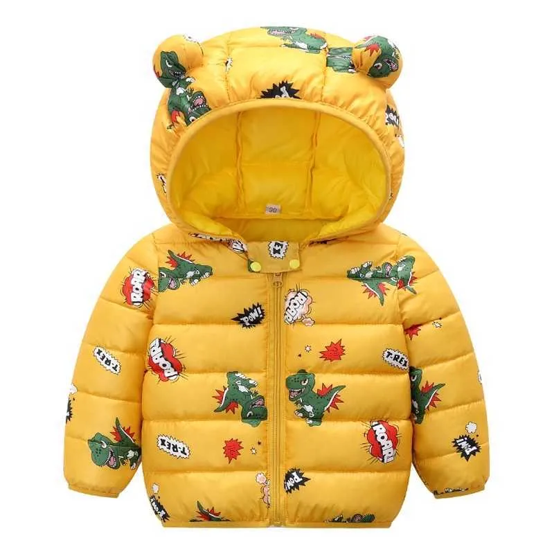 Arrivée d'hiver bébé enfant en bas âge animal dinosaure motif à pois étoiles imprimer à capuche vers le bas manteau vêtements 210528