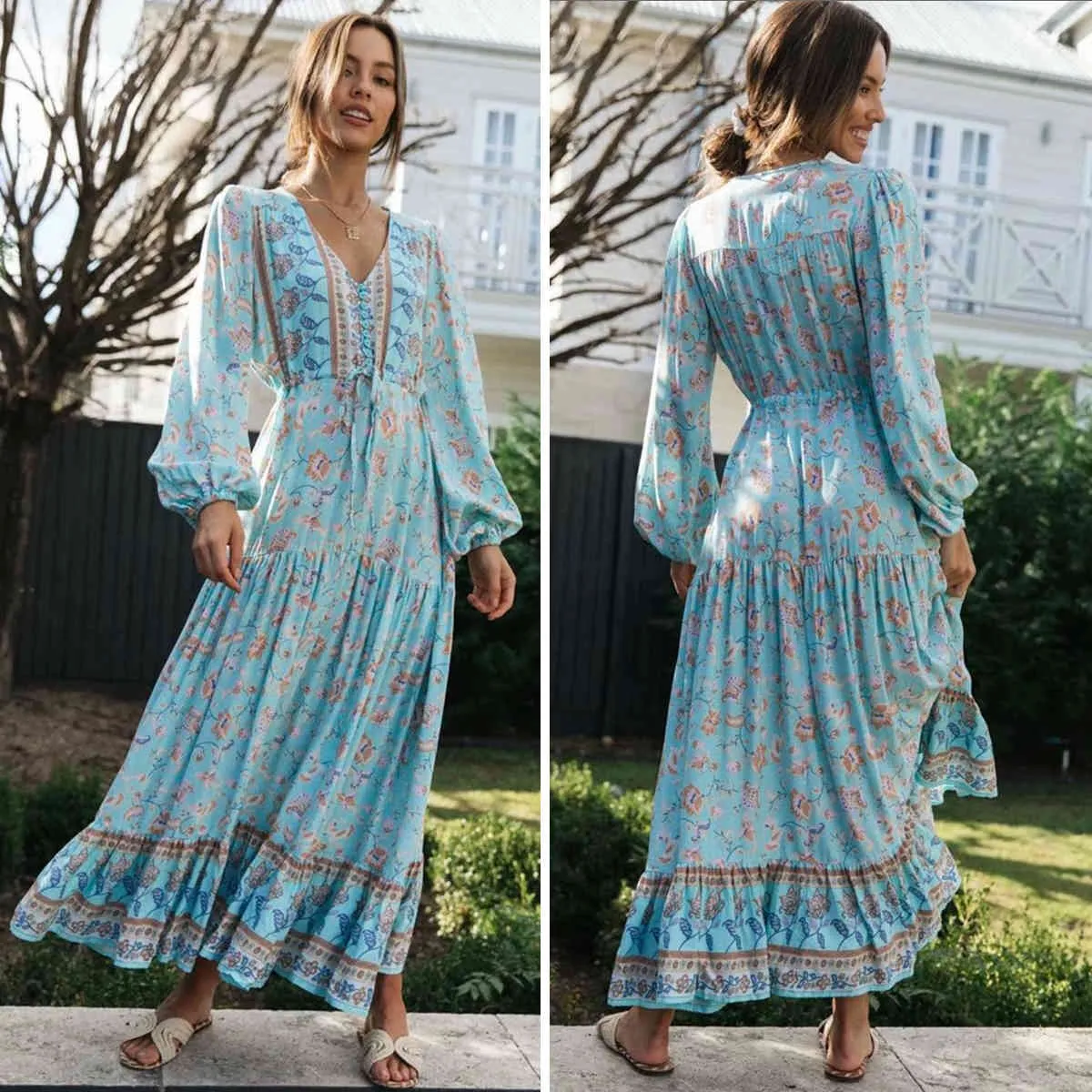 Jastie Abiti lunghi floreali vintage Abiti eleganti da spiaggia con scollo a V Stampa floreale Tunica Abito lungo estivo Boho Abiti da donna 210419