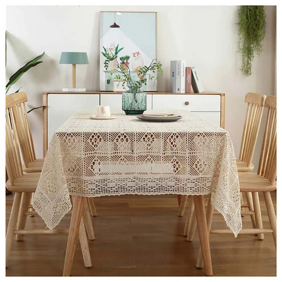 Crochet Hollow Tablecloth Home Decorative Rectangle Fabric Lace Beige Bedroom Coffee Table for Living Room Cover Cloth Mat 210626