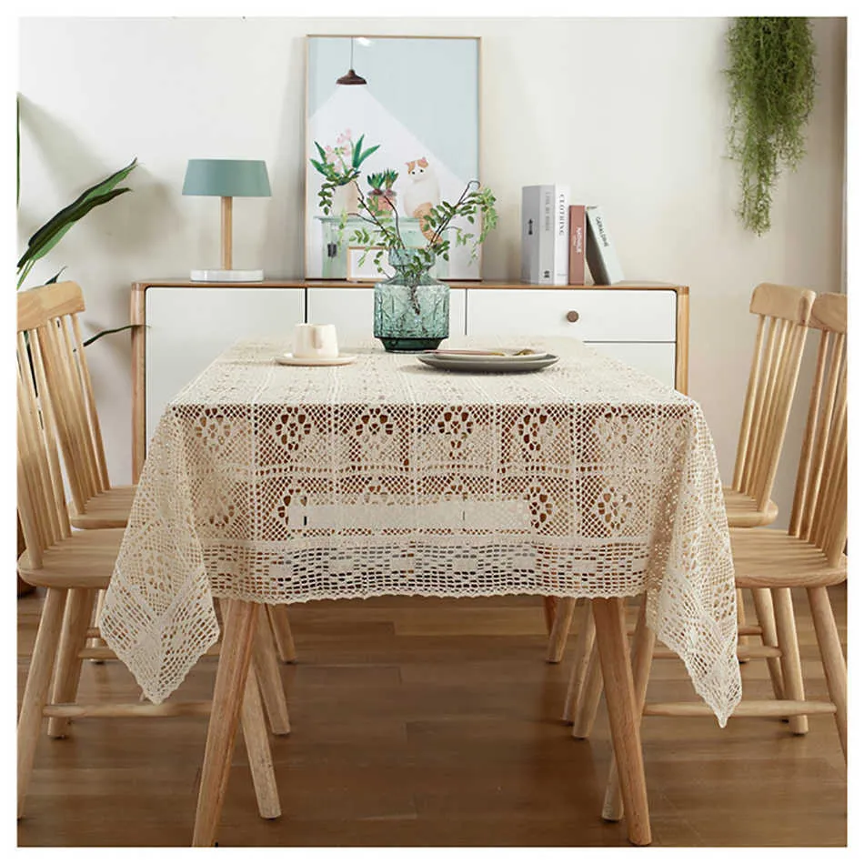 Virka ihålig bordduk hem dekorativa rektangel tyg spets beige sovrum soffbord för vardagsrum täcke tyg matta 210626