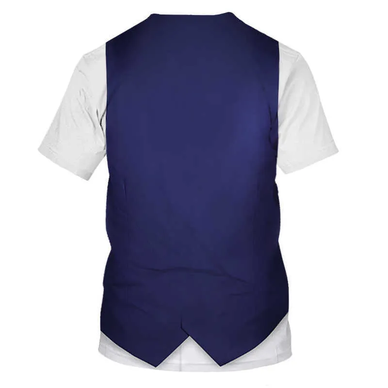 2021 여름 반팔 Streetwear 가짜 정장 조끼 3D T 셔츠 패션 재미 있은 가짜 슈트 턱시도 나비 넥타이 3D 인쇄 된 남자 티셔츠 x0621