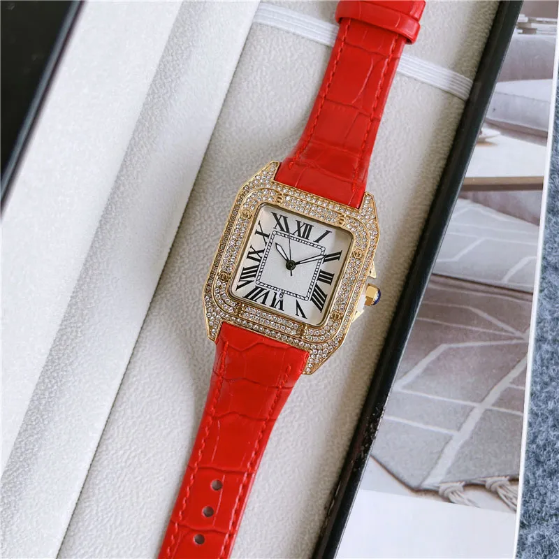 Marka mody zegarki dla dziewcząt kwadratowy kryształowy w stylu wysokiej jakości skórzany pasek na nadgarstek CA572254794