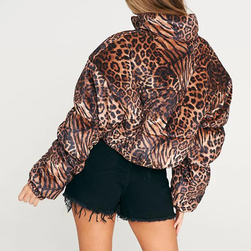 Winter Damska Leopard Parkas Print Jacket High Collar Ciepłe Krótkie Cotton-wyściełane ubrania Sexy Bawełna Wyściełana Kurtka Kobiety 210422