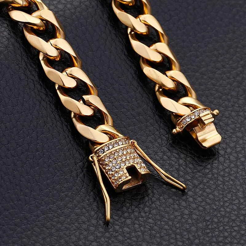 Hip-Hop Mens Jewelry Crystals CZ Stone Stainless Steel Fashion Large Curb Chain Necklace Gold Tone 15mm 76cm 30 Inch Chains229R