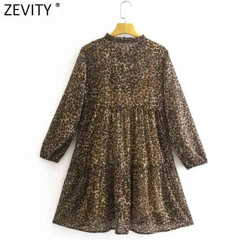 Vintage Vintage Lace Up O Hals Leopard Print Chiffon Mini Shirt Jurk Vrouwelijke Chic Plooid Ruches Casual Party Vestido DS8151 210420