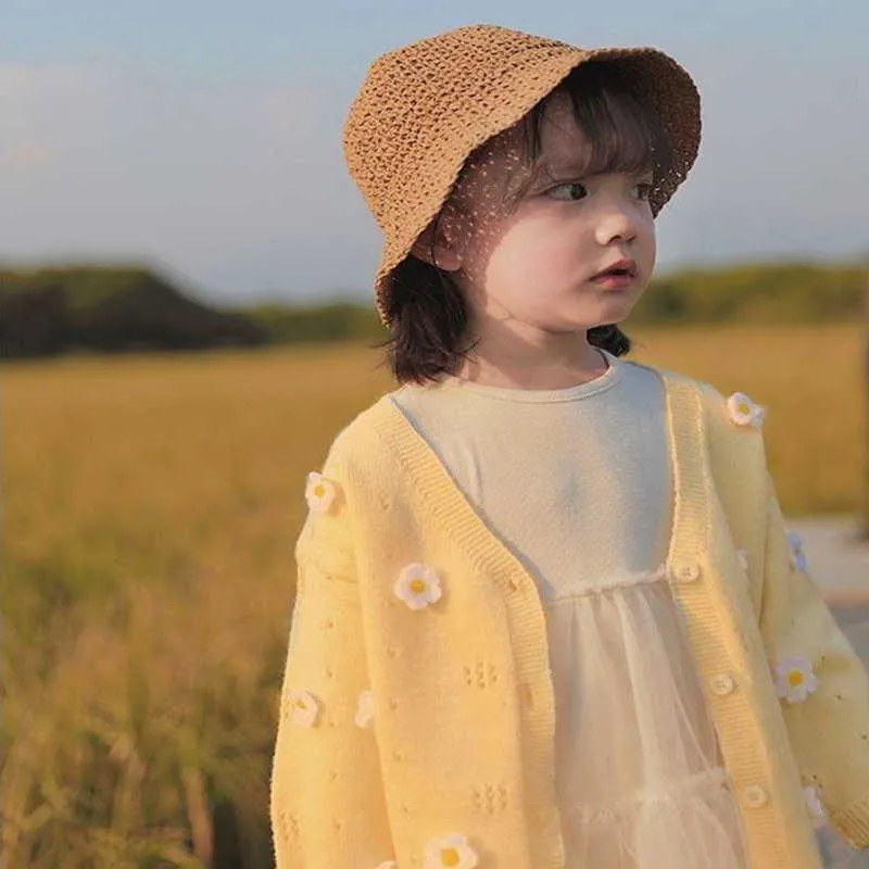 Детская девочка кардиган цветок свитер вязание хлопка осень зима мода детские одежды al004 210610