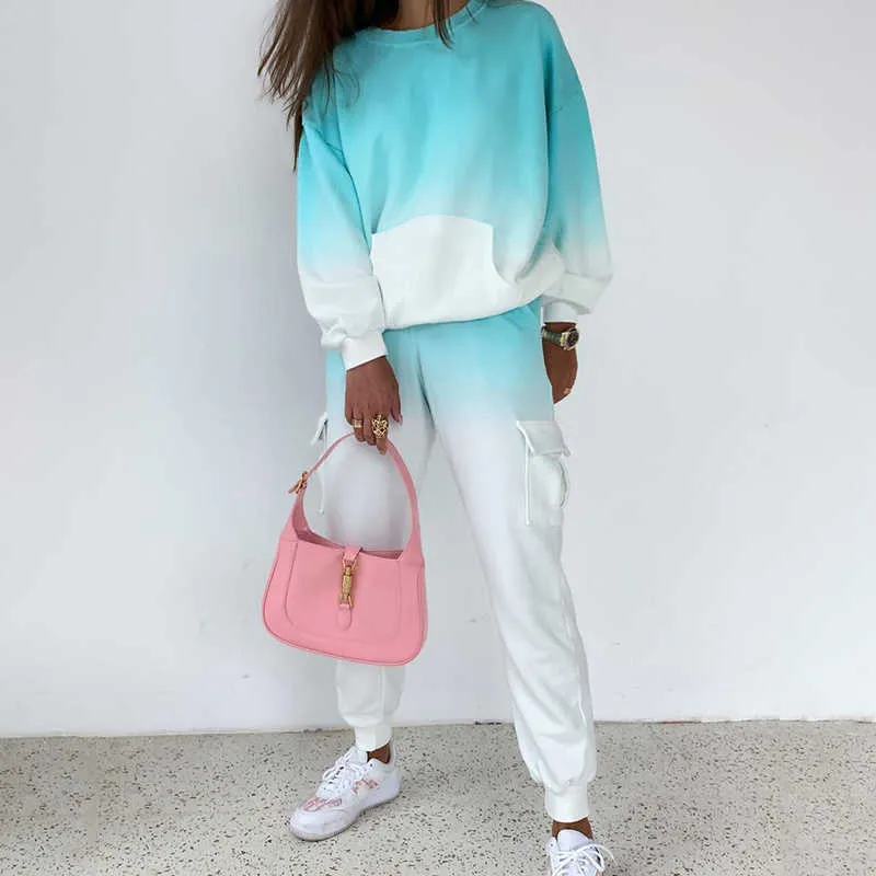 Casual Gradient Tracksuit Kvinnor Fickor Höst Sweatshirt och Sweatpants sätter Loungewear Two Piece Set Outfits 210930