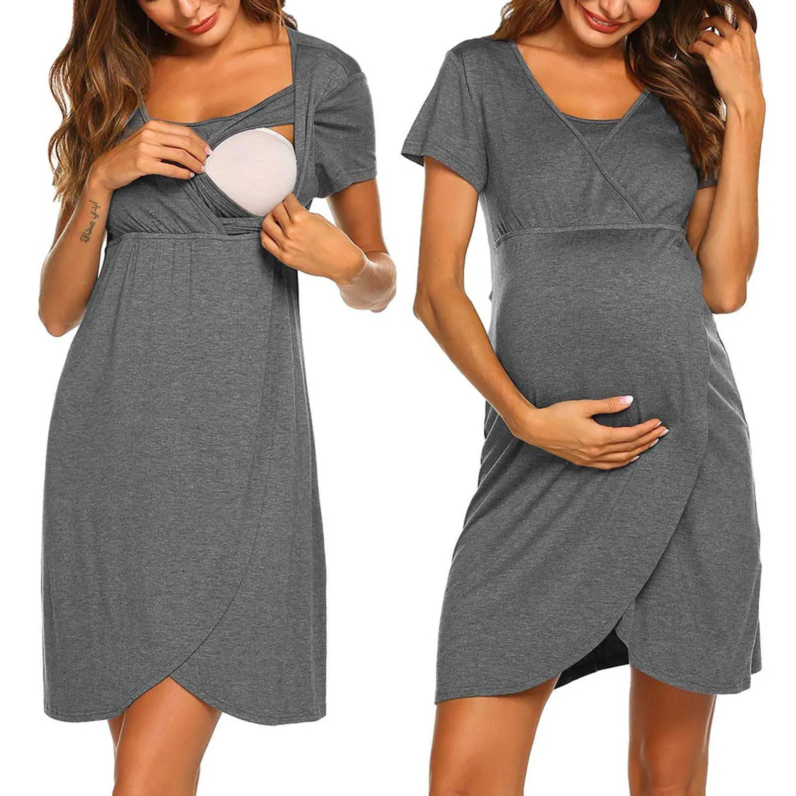 Femme solide à manches courtes allaitement enceinte maternité robe d'allaitement vêtements d'allaitement Vtement Grossesse Femme Q0713