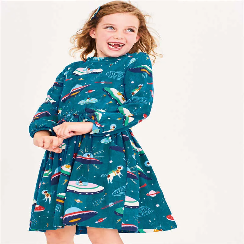 Girls Dresses for Autumn Spring Cotton Princess Party Wear Baby Clothes Long Sleeve Spaceships Festival 210529