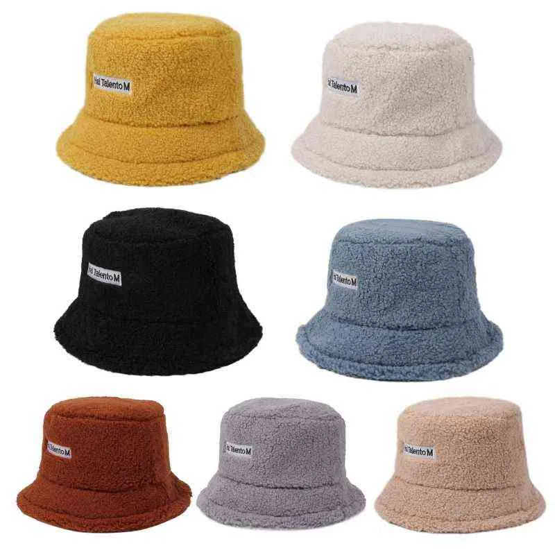 Femmes hiver épaissir chaud Faux polaire seau chapeau lettres étiquette couleur unie Harajuku étudiant réglable pêcheur G220311