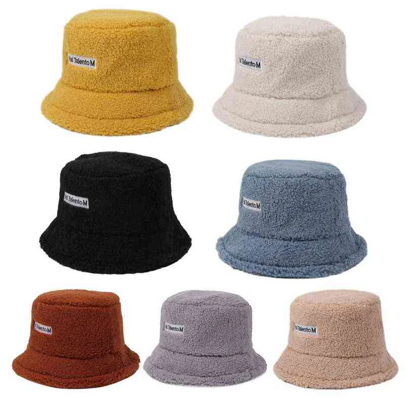 Mujeres invierno espesar cálido Faux Fleece Bucket Hat letras etiqueta Color sólido Harajuku estudiante ajustable pescador G220311