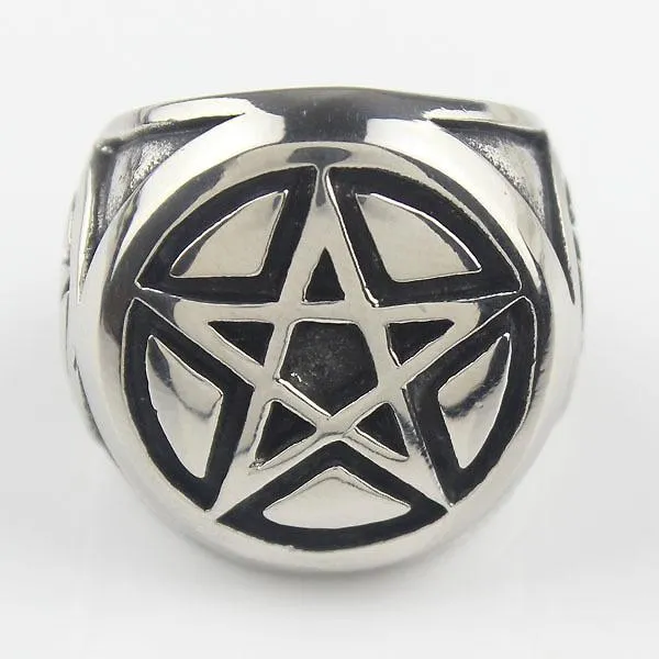 Bagues de cluster pour hommes couleur argent Pentacle Pentagram Star en acier inoxydable Biker Ring2979