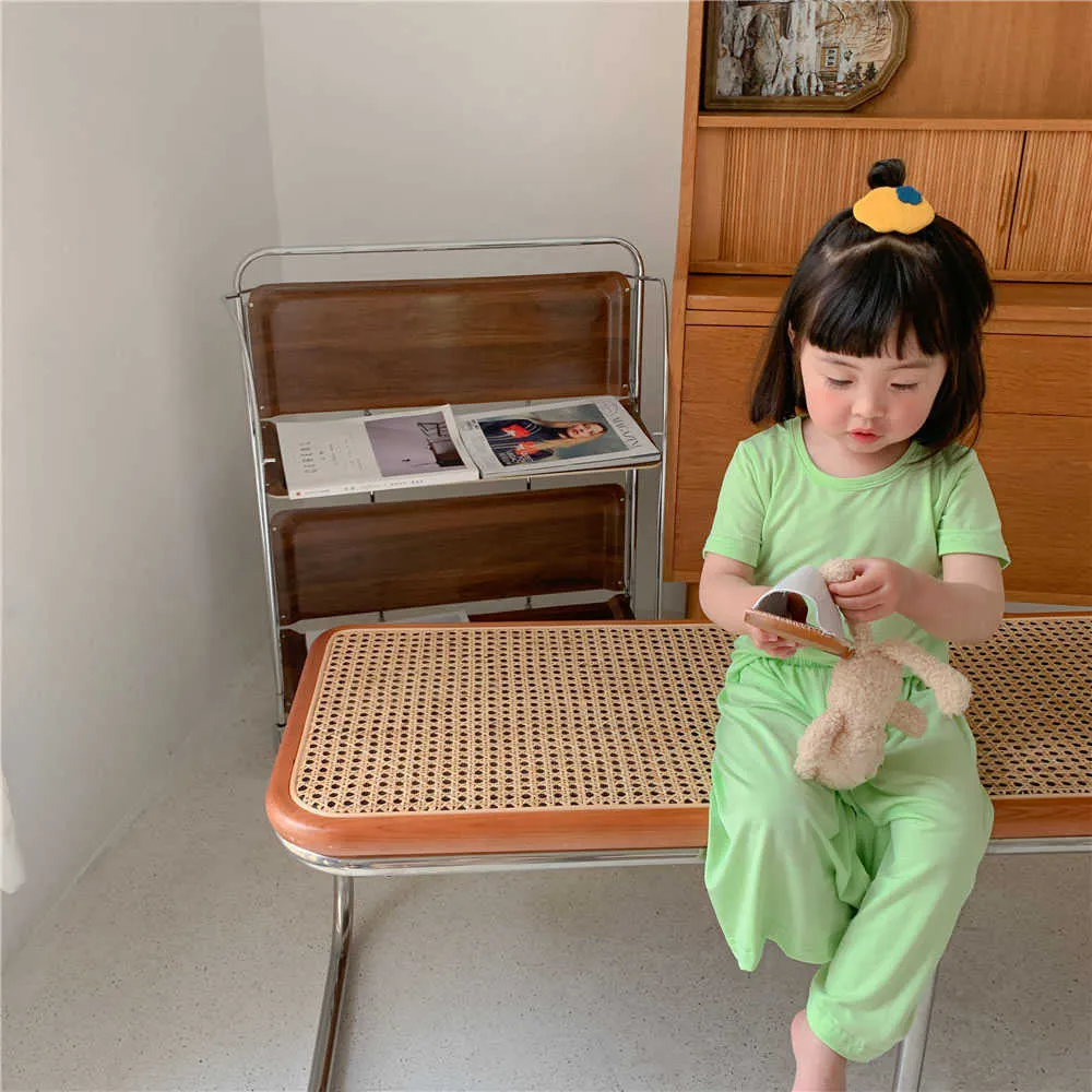 Odzież dziecięca Summer Boy Girls Korean Cienkie styl Solid Color Home Service Garnitur Dziecięce + 7-punktowe spodnie Dwuczęściowe 210625