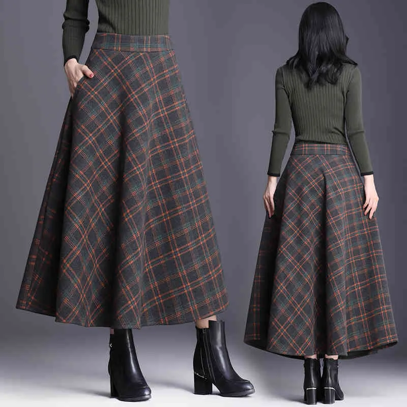 Gonna scozzese di lana vintage autunno inverno da donna Pantaloncini lunghi femminili a vita alta stampati 668H 210420