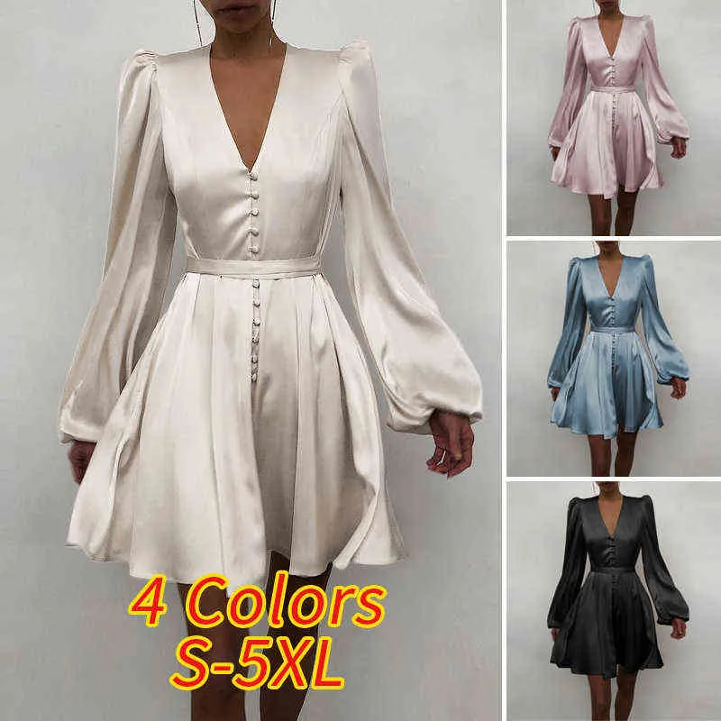 Damesjurk Party 2021 Herfst Satijn Zijde Mini Robe Elegante Wrap Dresses Celmia Lange Mouw V-hals Sundress Solid Vestidos Y1204