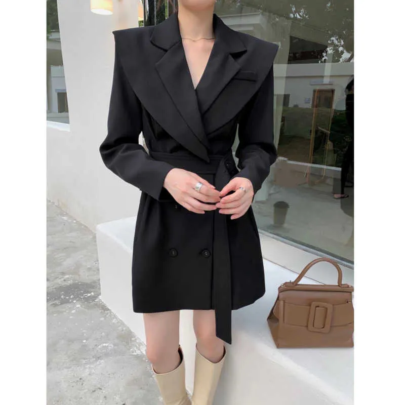 [DEAT] Spring Fashion Single-breasted Turn-down Collar Sashes Long Sleeve Solid Color Loose Dress Women 13Q193 210527