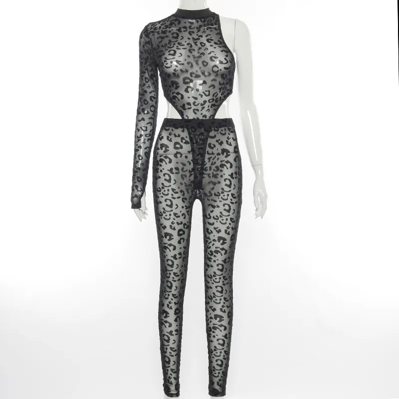 Maglia Leopard Prospettiva Tuta 2 Pezzi Set Abbigliamento Donna Irregolare Senza Maniche Donna Sexy Abbigliamento Nero 2021 Nuovo