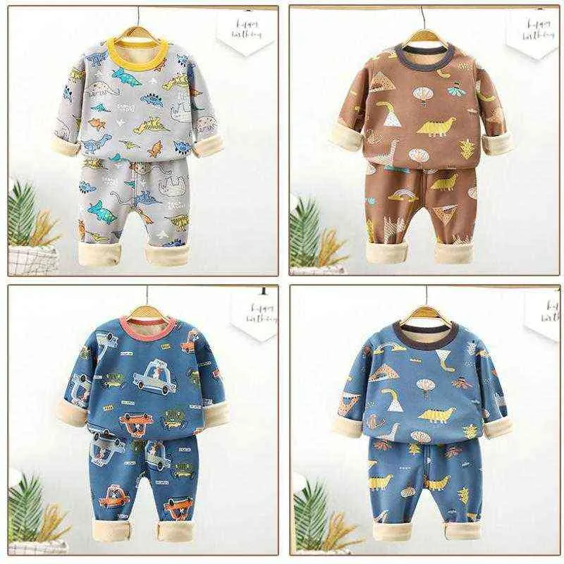 Enfants Pyjamas Hiver Enfants Vêtements Ensembles Chaud Polaire Pyjamas Pour Garçons Épaissir Dinosaure Filles Vêtements De Nuit Bébé Sous-Vêtements Thermique 211109