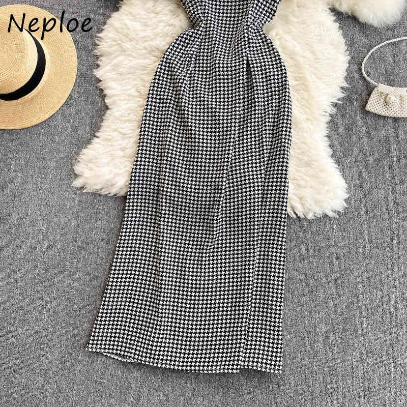 Neploe Sexy Sqaure Collare Senza Maniche Camis Dress Donna Vita Alta Anca Una Linea Lungo Vestido Estate Plaid Robe Temperamento 210510