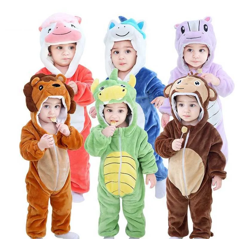 Baby Cartoon Strampler geboren mit Kapuze Säuglingskleidung Jungen Mädchen Pyjamas Tier Onesie Overall Panda Kostüme Flanell Strampler 210816