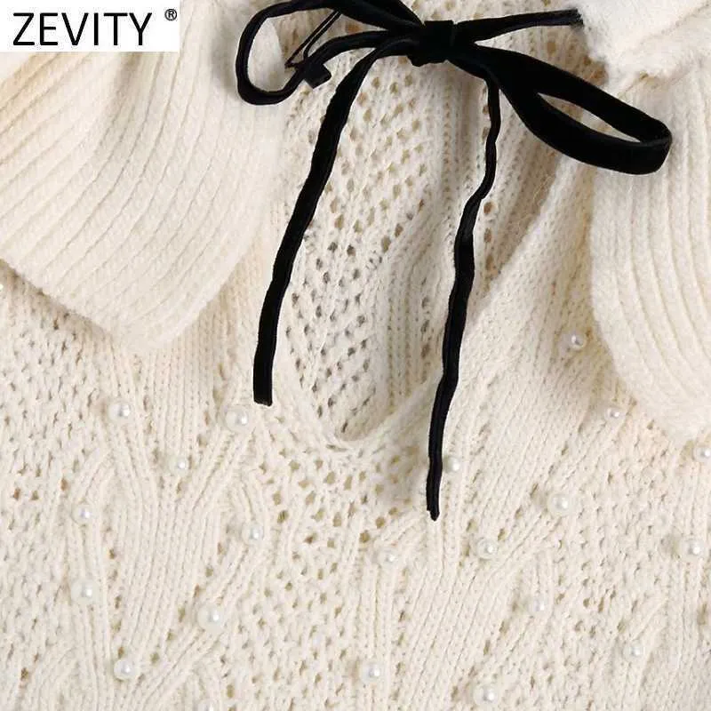 Zevity Women Sweet Black Bow Tied Ruffles Knitting Sweater Female Chic Pearl Beading Puff Sleeve Pullovers Hollow Tops S671 210603