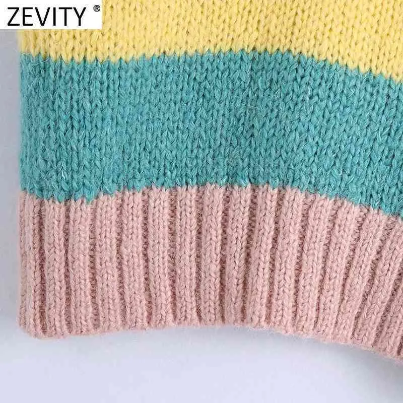 ZEVITY 봄 여성 패션 V 목 컬러 일치 스트라이프 캐주얼 뜨개질 스웨터 세련된 레이디 레저 민소매 조끼 탑 S613 210419