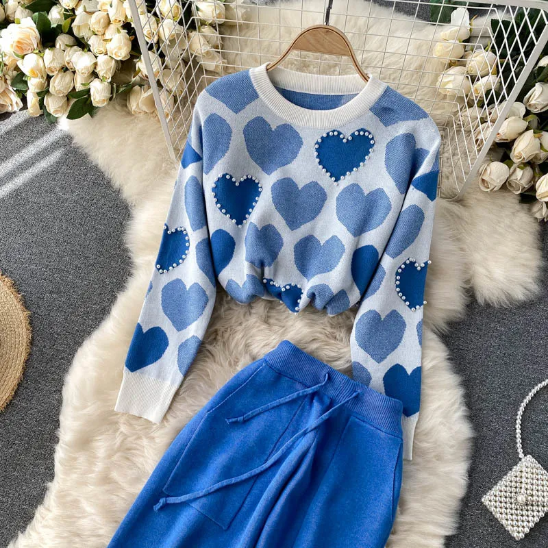 SINGREINY Frauen Herbst Winter Koreanische Süße Set Liebe Druck Perlen Gestrickte Pullover + Hohe Taille Beiläufige Lange Hosen Zwei Stücke anzüge 210419