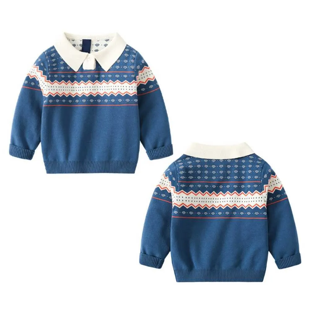 Autumn Fall Winter Boys Knit Sweater Outifts Turn-down Collar Geometric Knitted Sweaters Screw Neck Warm Pullover Clothes 1-6T Y1024