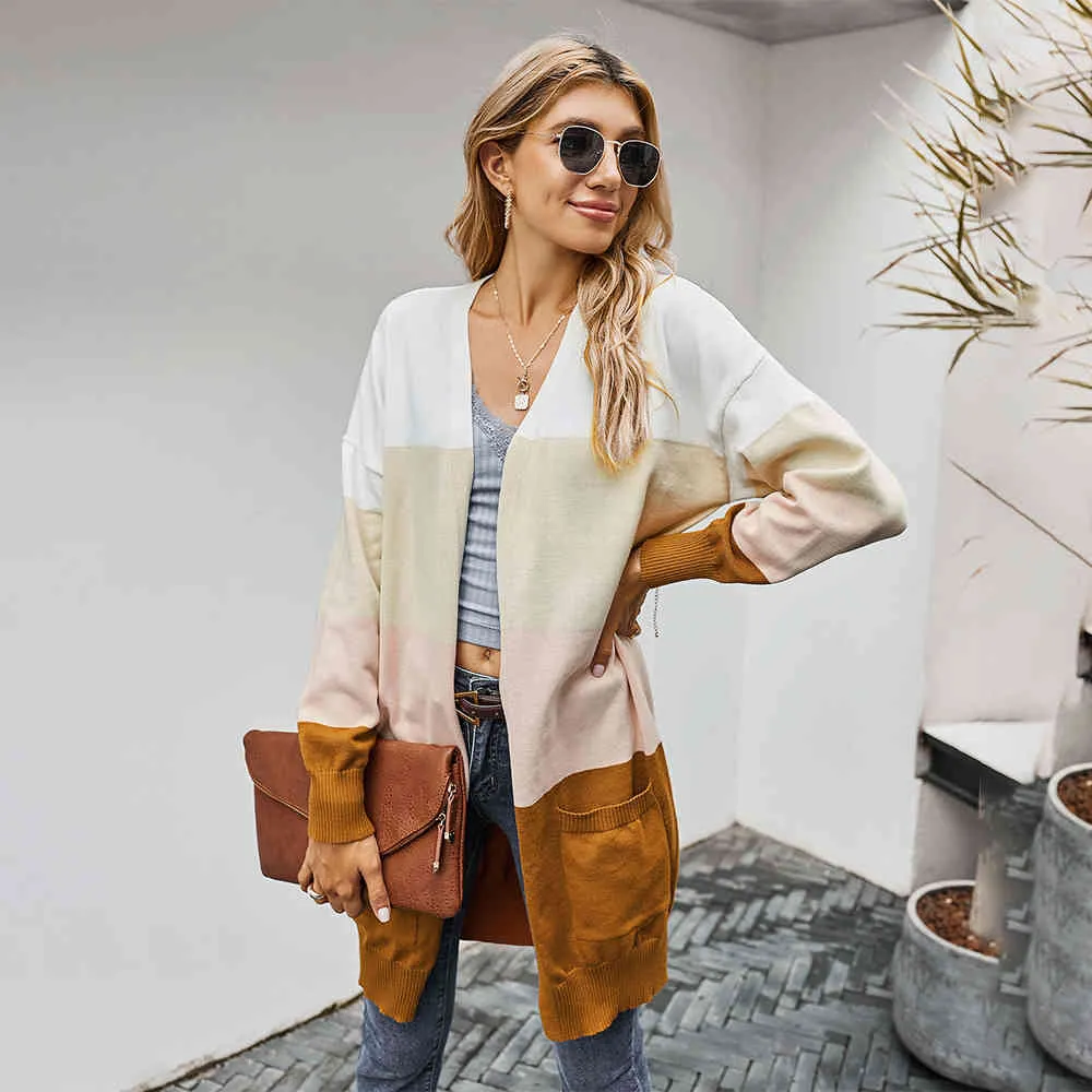 Long Sweater Cardigan Women Autumn Winter Loose Brown Color Block Patchwork Long Sleeve Knit Tops Jacket Coat Fashion Fall 210415