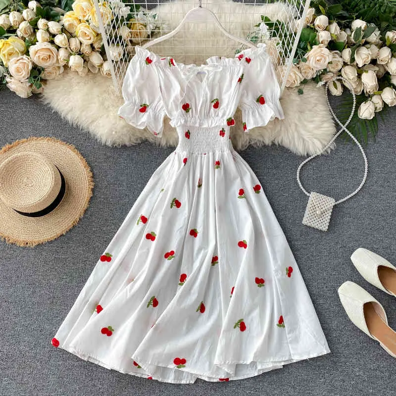 Vestido de fresa para mujer, minivestido elegante de encaje, ajustado, manga acampanada coreana, lazo, estampado Floral, Vestidos, vestido de fresa dulce para mujer 210419