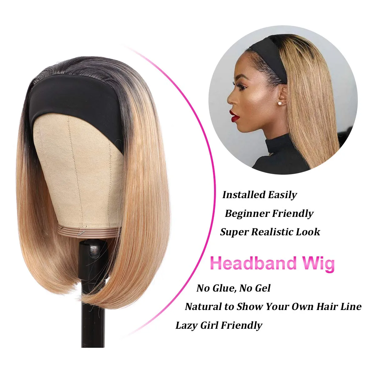 Ombre Blonde Bob Wig with Headband for Black Women 10 12 14 inch None Lace Frontal Wig Synthetic Straight Hair Wig Darily Wearfactory direc