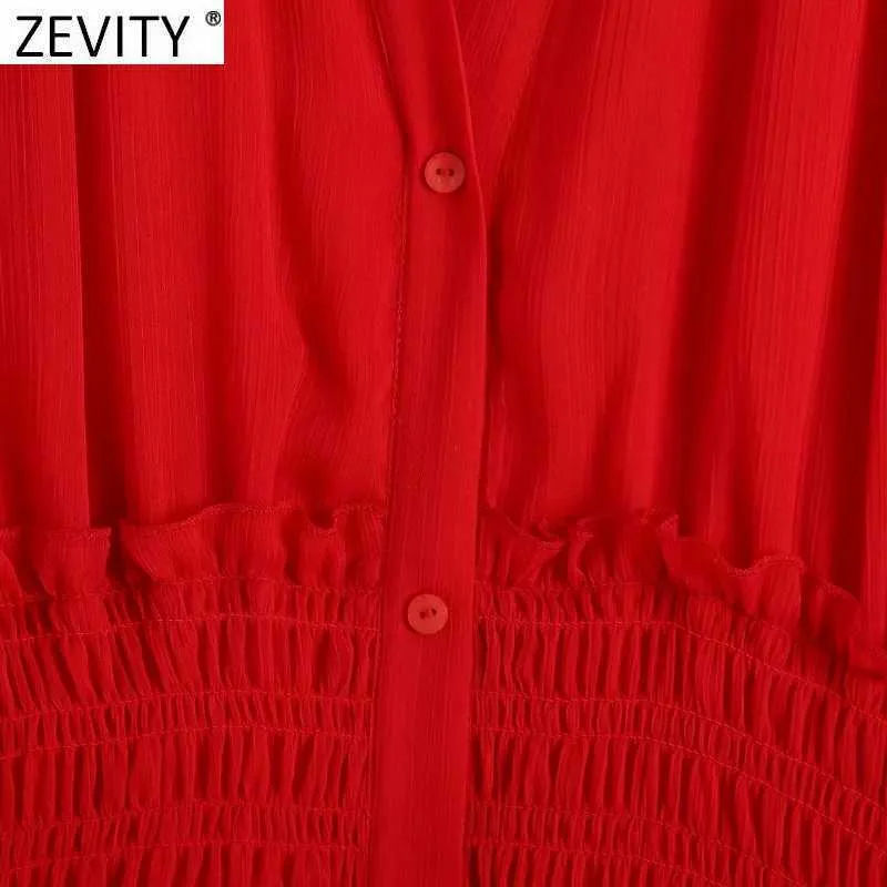 Zevity Women Fashion V Neck Elastisk Midja Röd Skjorta Klänning Kvinna Chic Platser Kortärmad Singel Bröst Chiffon Vestido DS8349 210603