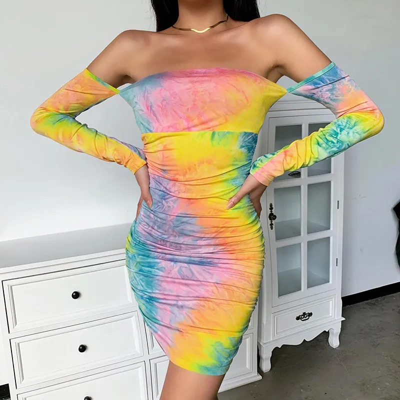 Lady Fashion Colorful Print Tube Top Bodycon Backless Dress Off-shoulder Long Sleeve Folds Sexy Party Mini Bandage Vestidos 210517