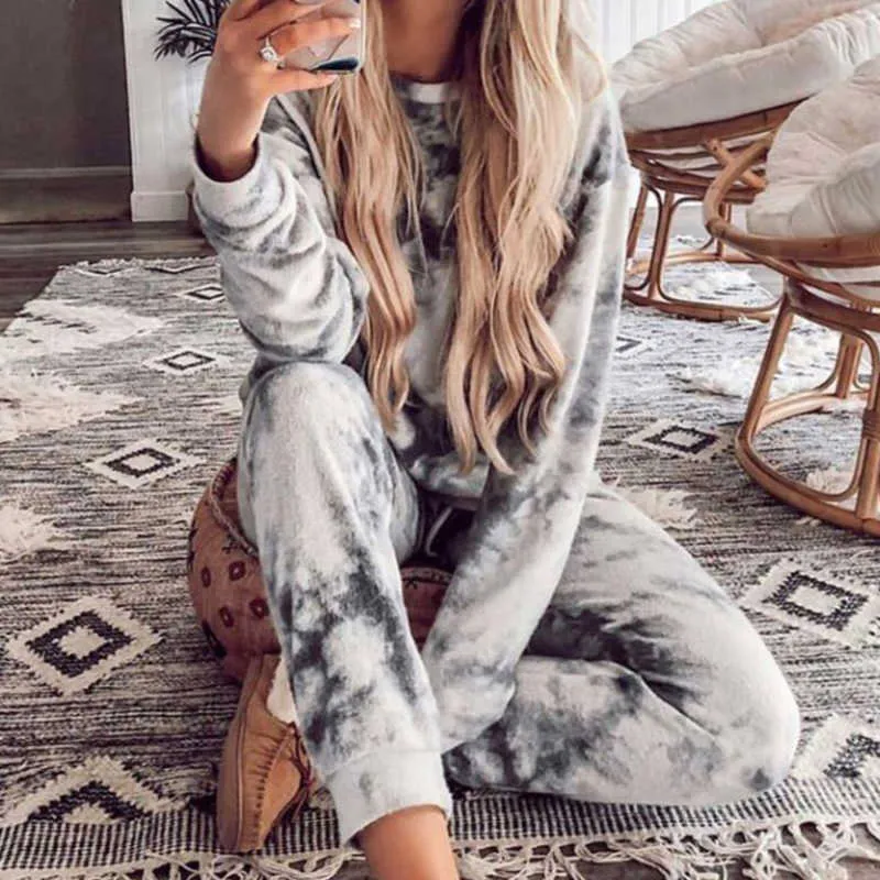 Women Casual Tie Dye Tracksuit Pijama Home Two Piece Set Lounge Wear Sweatshirts Suit Loose Outfits Ropa Mujer Autumn Clothes 210930
