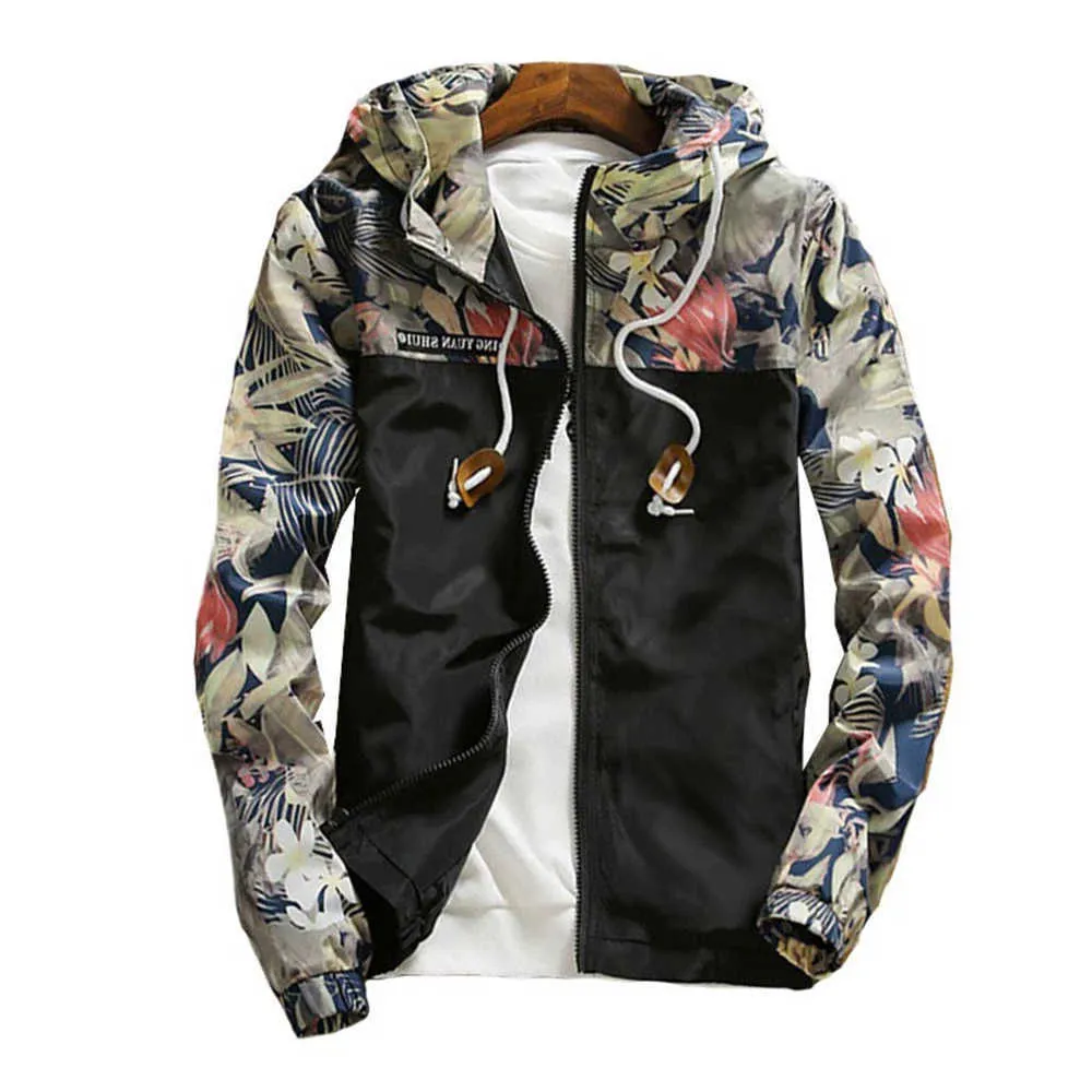 Cofekate Men clothing Autumn Long Sleeve Floral Printed Patchwork Hoodie Coat Casual Hooded Zip Up Men Jacket X0710