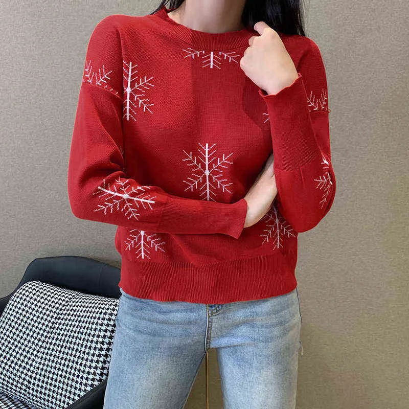 Mulher Suéters Christmas Inverno Roupas Mulheres Snowflake Padrão Clássico Redondo Pescoço Manga Longa Suéteres Festivas Para As Mulheres Y1110