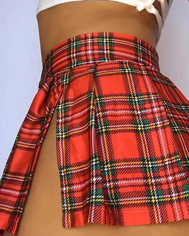 Summer Split Mini Rokken Voor Dames Meisjes Mode Plaid Streetwear Vintage Sexy Rok Cheerleading Vrouw D30 210708