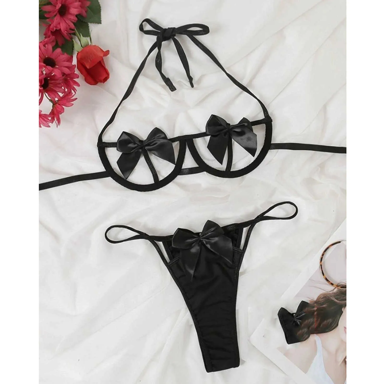 2021 nova moda sexy renda lingerie conjunto pijamas anel de aço pijamas liga sexy bowknot tanga lingerie conjunto lenceria q078221356