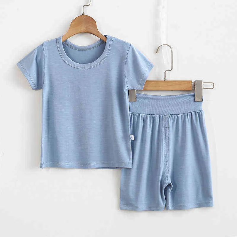 Children's Modal Stretch Short-sleeved Shorts Set Boys Girls T-shirt Shorts Suits Baby High Waist Home Clothes Solid Color Y220310