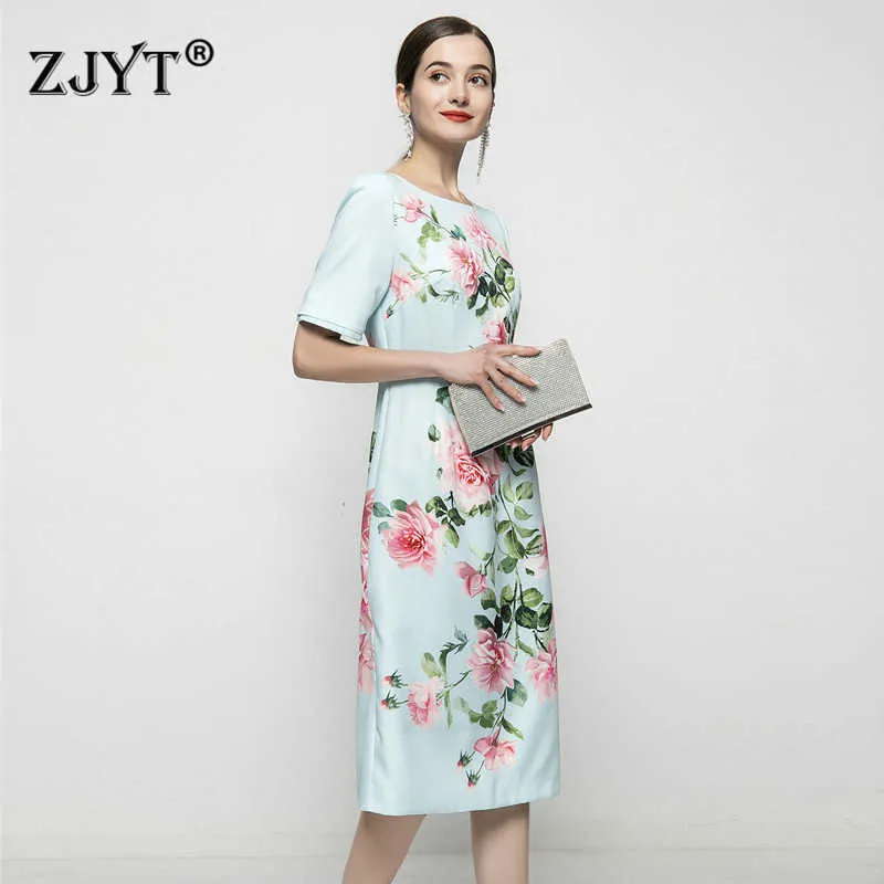 Europe Fashion Summer Floral Print Runway Dress Short Sleeve Robe Elegant Women Sweet Office Party Vestidos Green 210601