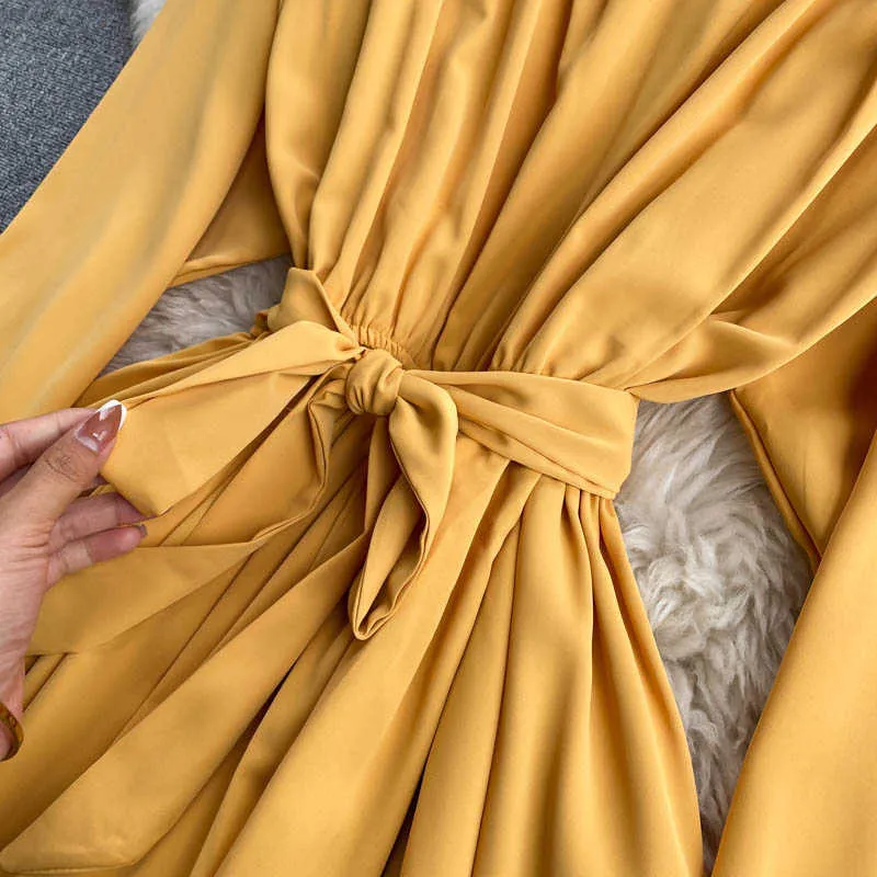 Vintage Fioletowy / żółty / Czarny Długa Dress Kobiety Elegancki Okrągły Neck Rękaw Puff Sleeve High Waist A-Line Maxi Vestidos Kobieta Wiosna Jesień Y0603