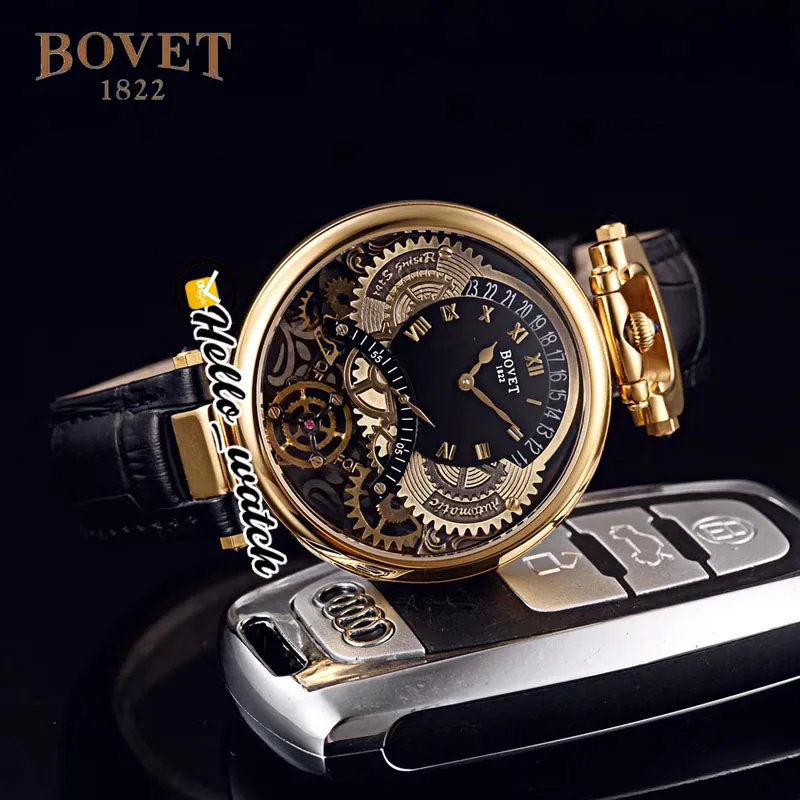 46 mm Bovet 1822 Tourbillon Amadeo Fleurie horloges quartz herenhorloge stalen kast zwarte skelet wijzerplaat lederen band HWBT Hello Watch247C